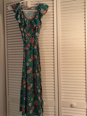 LOFT Teal Floral Ruffle-Shoulder Maxi Dress